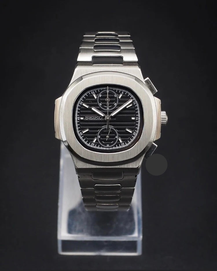 SEIKO MOD | NAUTILUS CHORONOGRAPH | SILVER | BLACK INDEX DIAL