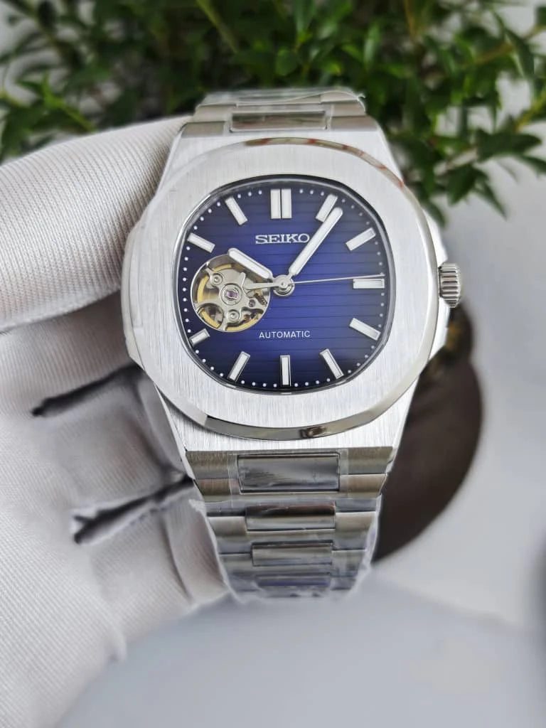 SEIKO MOD | NAUTILUS DATE | SILVER | DARK BLUE OPEN HEART INDEX DIAL