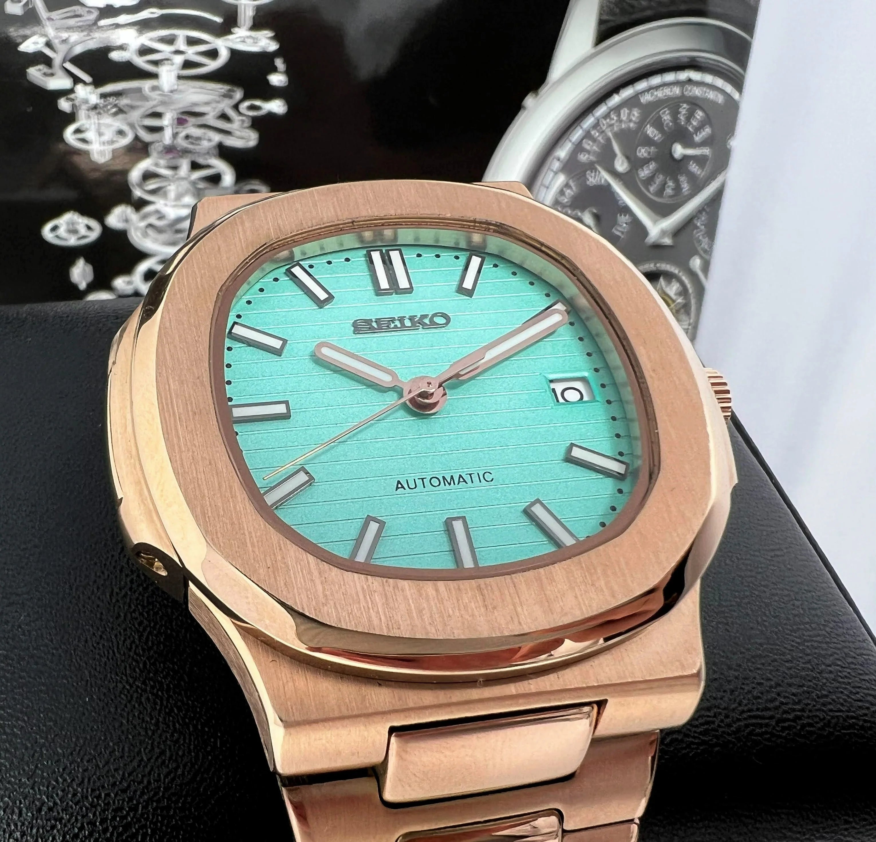 SEIKO MOD | NAUTILUS DATE| ROSE GOLD | TIFFNY BLUE INDEX DIAL