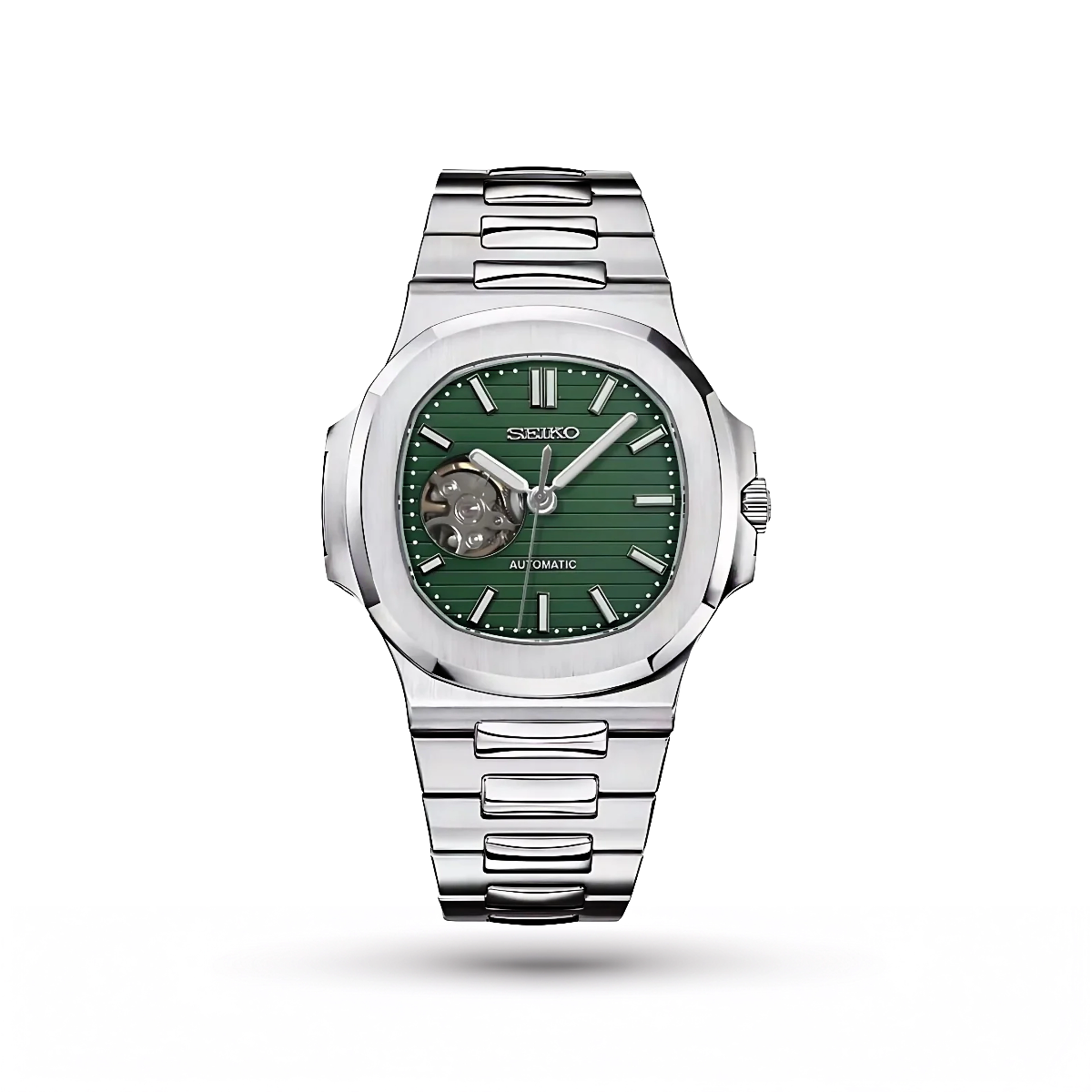 SEIKO MOD | NAUTILUS DATE | SILVER | OLIVE GREEN OPEN HEART DIAL