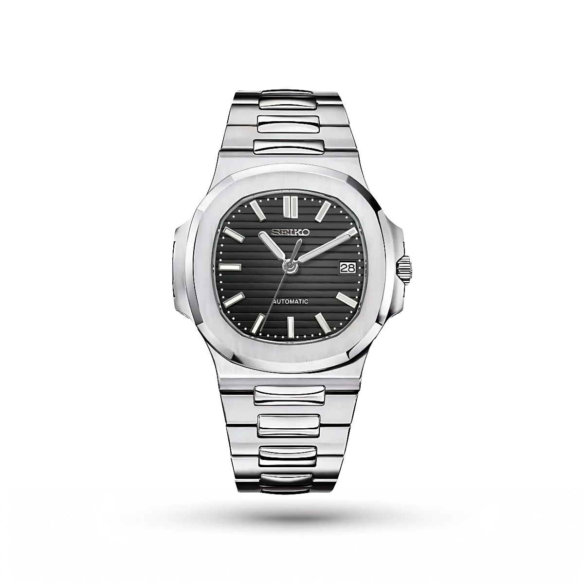 SEIKO MOD | NAUTILUS DATE | SILVER | BLACK INDEX DIAL