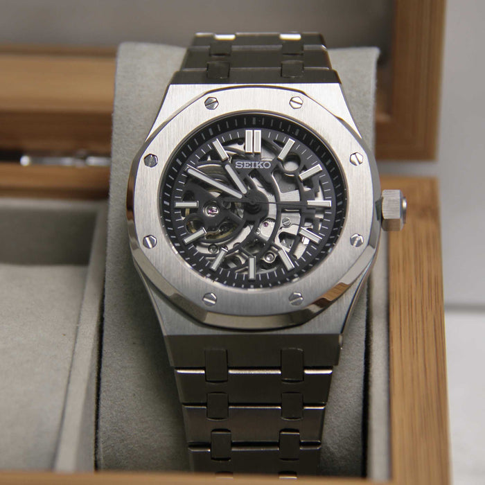 SEIKO MOD | ROYAL OKA | SILVER | BLACK SKELETON DIAL