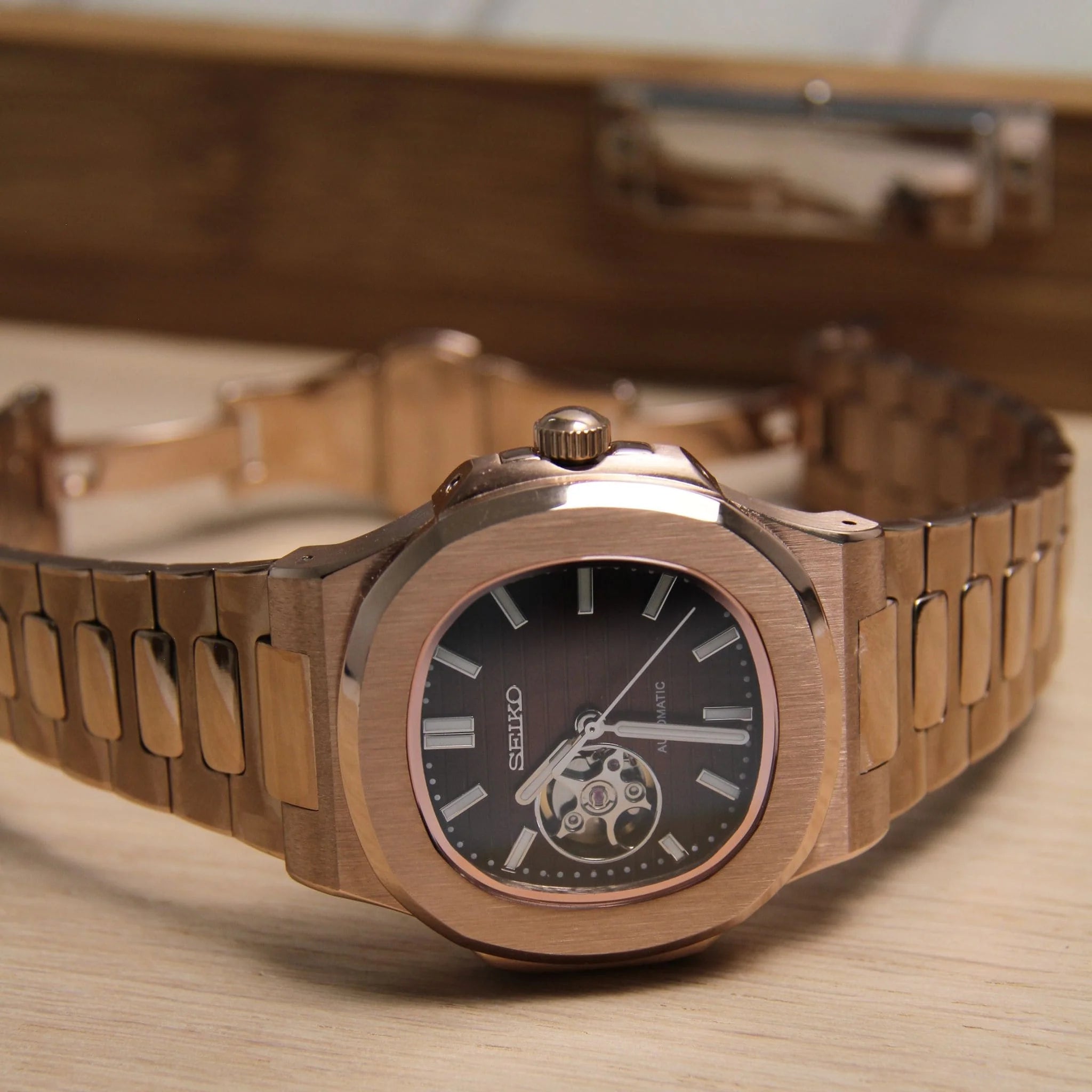 SEIKO MOD | NUATILUS |ROSE GOLD | CHOCOLATE OPEN HEART DIAL