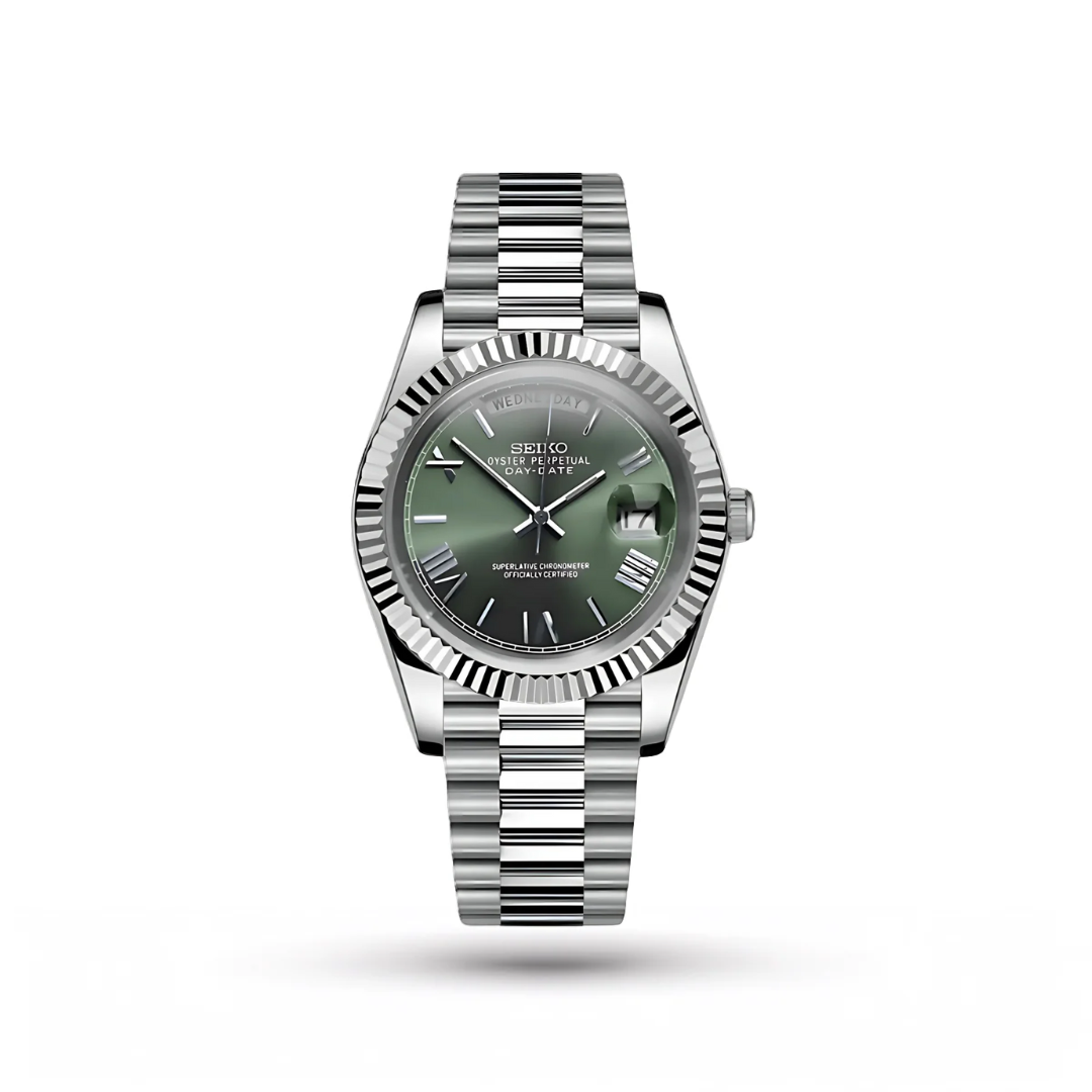 SEIKO MOD | DAY DATE | SILVER | OLIVE GREEN ROMAN DIAL