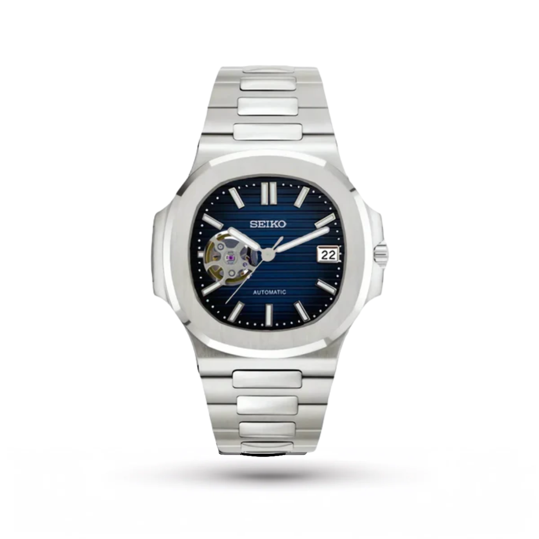 SEIKO MOD | NAUTILUS DATE | SILVER | DARK BLUE OPEN HEART INDEX DIAL