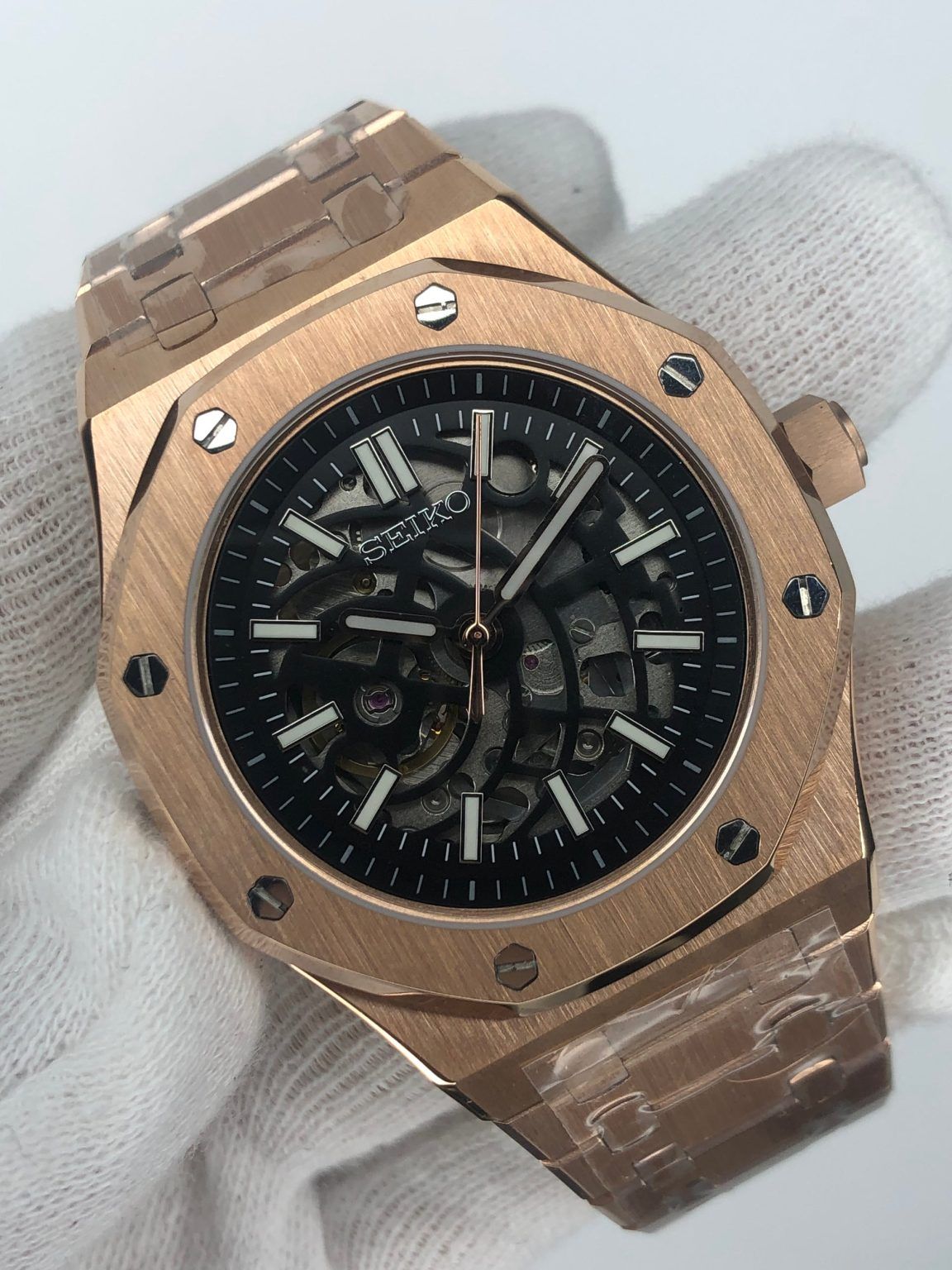 SEIKO MOD | ROAYL OKAK | ROSE GOLD | BLASCK SKELETON INDEX DIAL