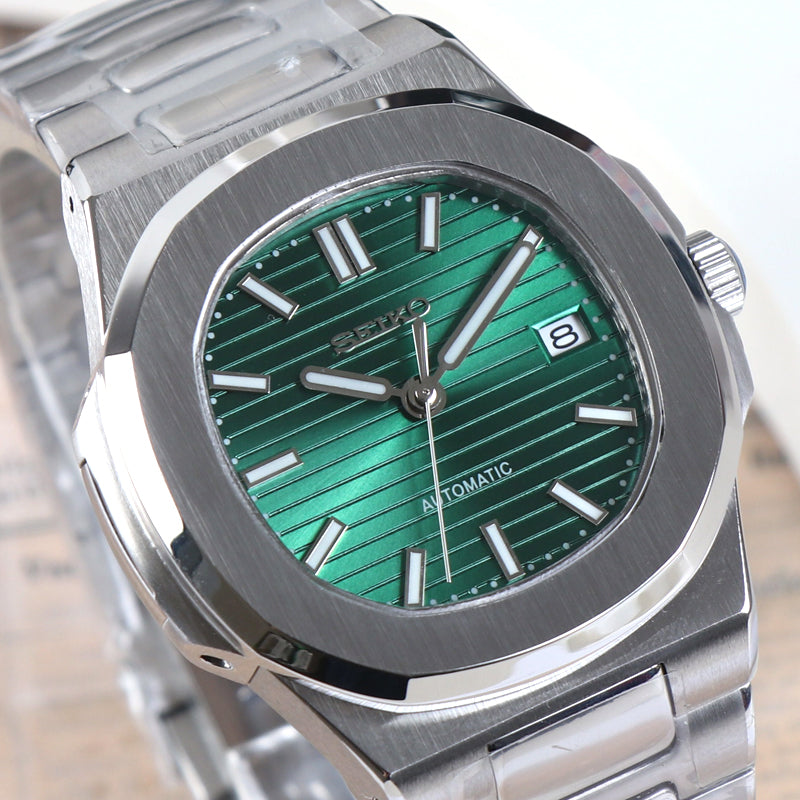 SEIKO MOD | NAUTILUS DATE | SILVER | FOREST GREEN INDEX DIAL