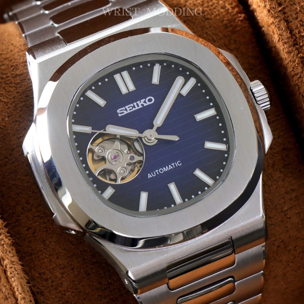 SEIKO MOD | NAUTILUS DATE | SILVER | DARK BLUE OPEN HEART INDEX DIAL