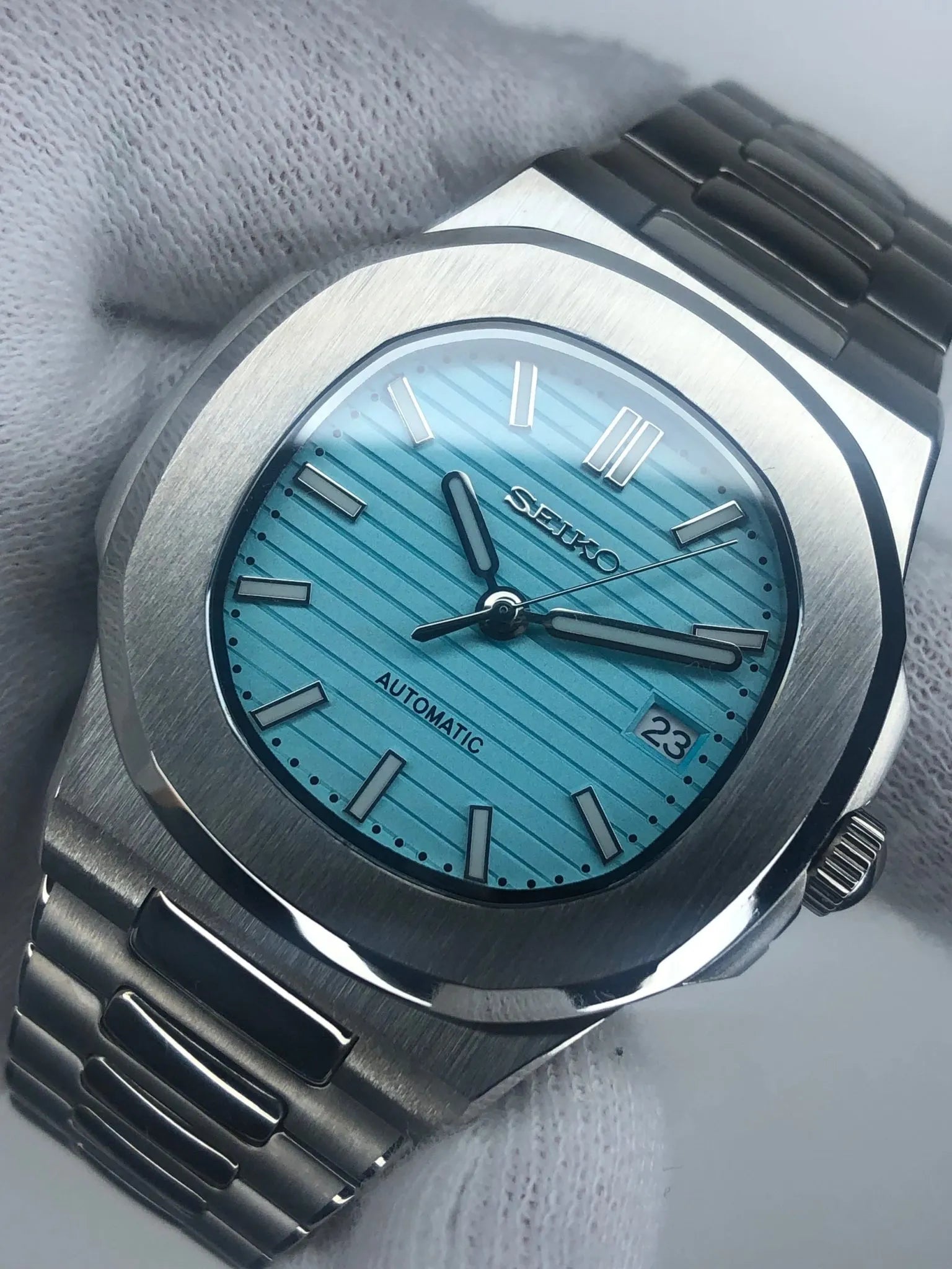 SEIKO MOD | NAUTILUS DATE | SILVER | TIFFANY BLUE INDEX DIAL