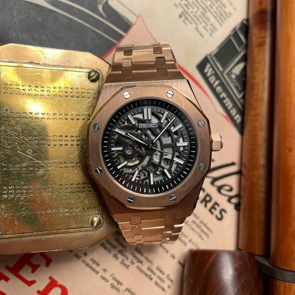 SEIKO MOD | ROAYL OKAK | ROSE GOLD | BLASCK SKELETON INDEX DIAL