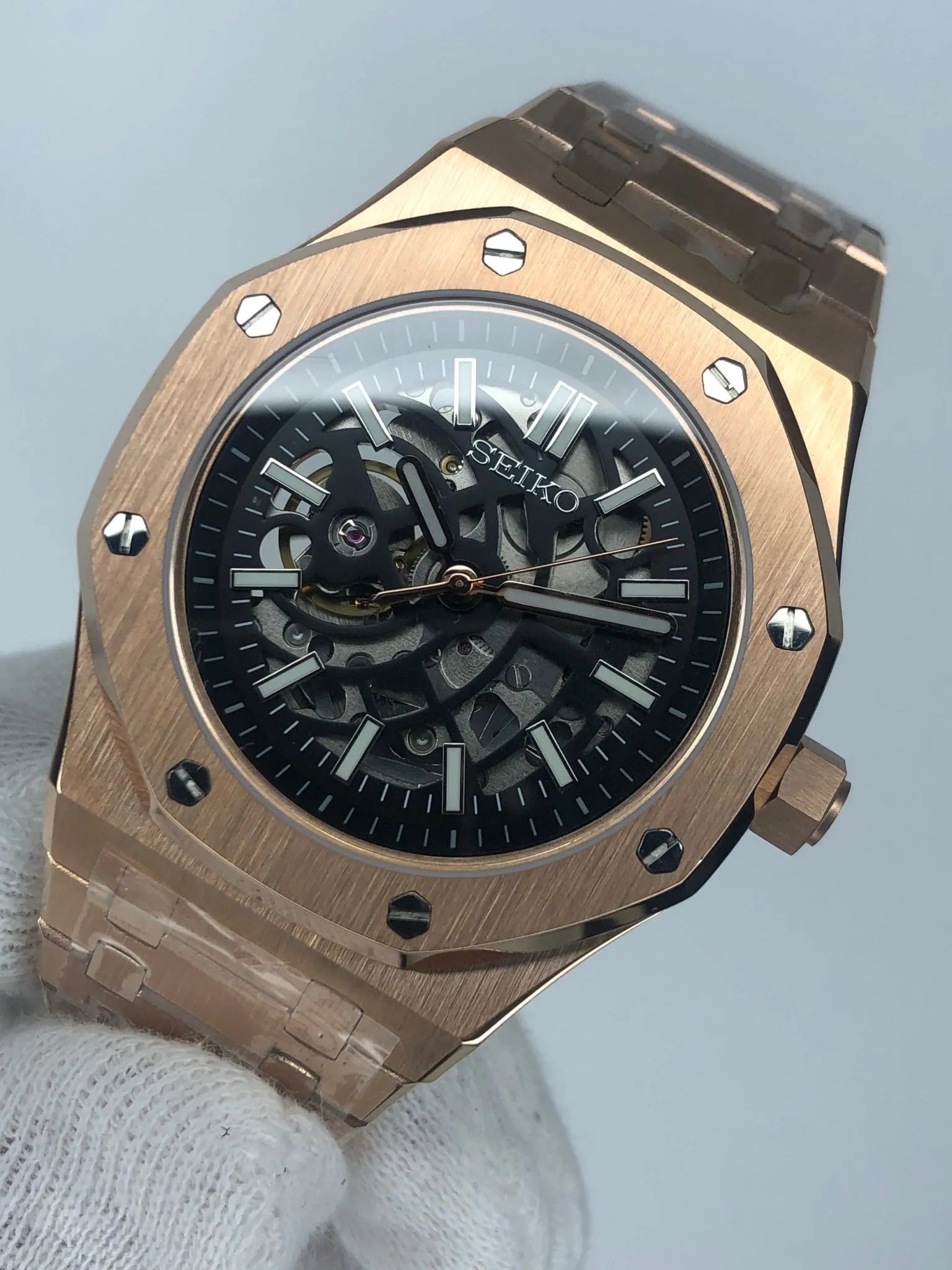 SEIKO MOD | ROAYL OKAK | ROSE GOLD | BLASCK SKELETON INDEX DIAL