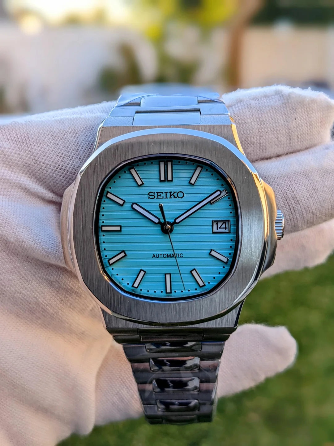 SEIKO MOD | NAUTILUS DATE | SILVER | TIFFANY BLUE INDEX DIAL