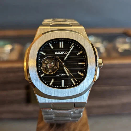 SEIKO MOD | NAUTILUS | SILVER | DEEP BLACK OPEN HEART INDEX DIAL