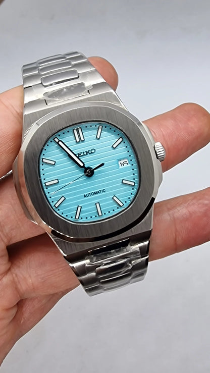 SEIKO MOD | NAUTILUS DATE | SILVER | TIFFANY BLUE INDEX DIAL