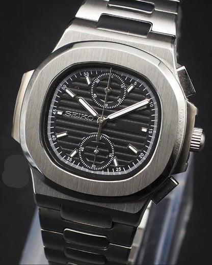 SEIKO MOD | NAUTILUS CHORONOGRAPH | SILVER | BLACK INDEX DIAL