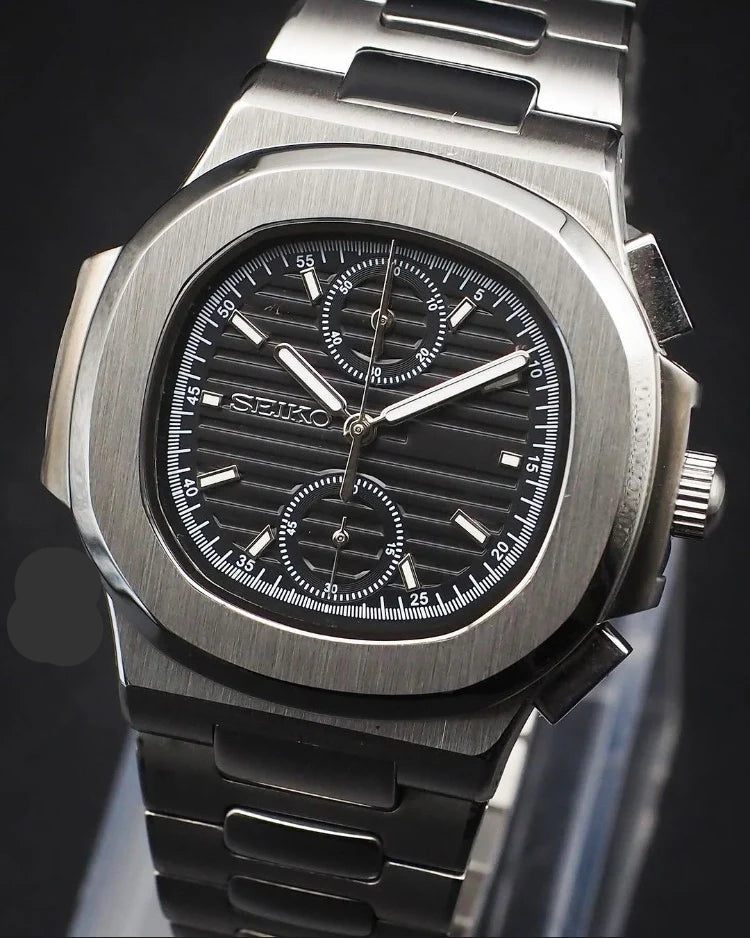 SEIKO MOD | NAUTILUS CHORONOGRAPH | SILVER | BLACK INDEX DIAL