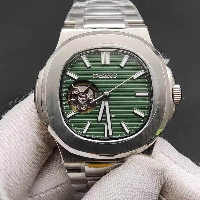 SEIKO MOD | NAUTILUS DATE | SILVER | OLIVE GREEN OPEN HEART DIAL