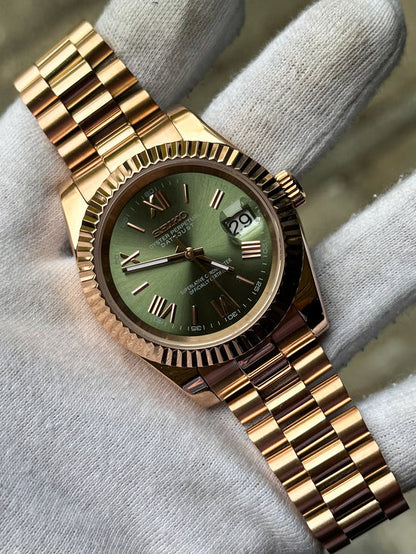SEIKO MOD | DATE JUST | ROSE GOLD | OLIVE GREEN ROMAN DIAL
