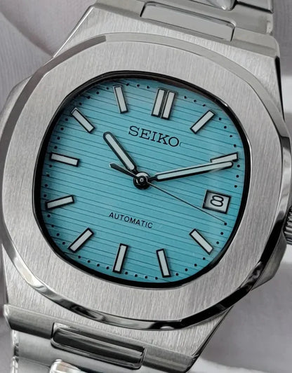SEIKO MOD | NAUTILUS DATE | SILVER | TIFFANY BLUE INDEX DIAL