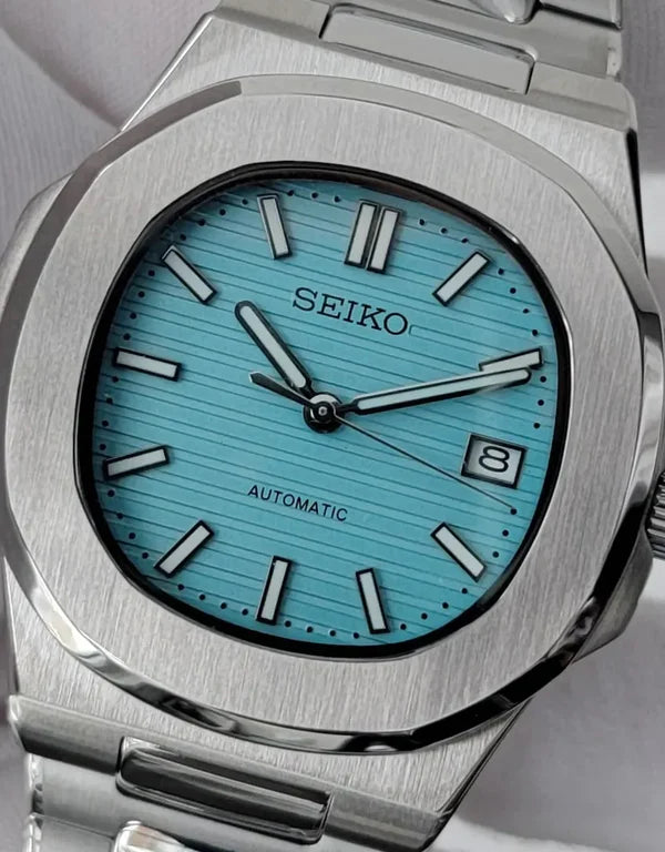SEIKO MOD | NAUTILUS DATE | SILVER | TIFFANY BLUE INDEX DIAL