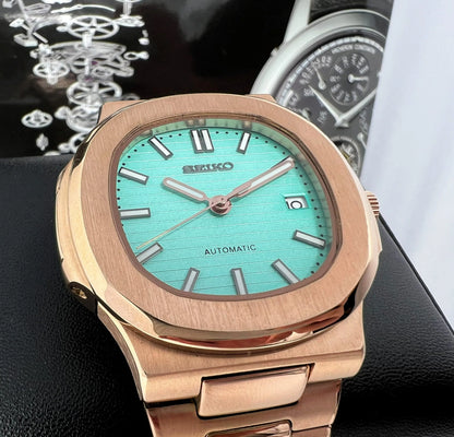 SEIKO MOD | NAUTILUS DATE| ROSE GOLD | TIFFNY BLUE INDEX DIAL
