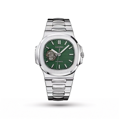 SEIKO MOD | NAUTILUS DATE | SILVER | OLIVE GREEN OPEN HEART DIAL