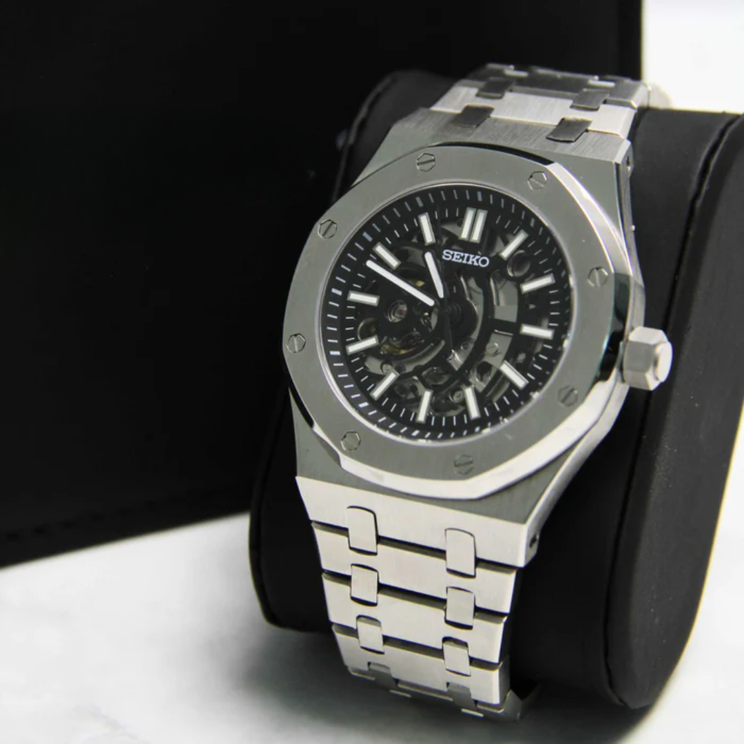 SEIKO MOD | ROYAL OKA | SILVER | BLACK SKELETON DIAL
