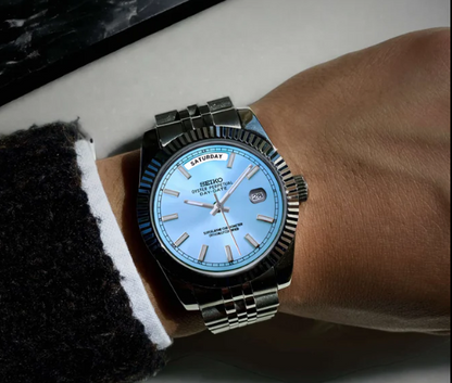 SEIKO MOD | DAY DATE| SILVER | ICE BLUE INDEX DIAL