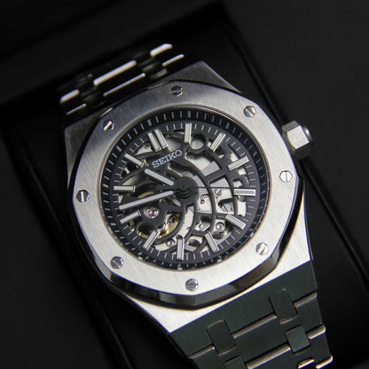 SEIKO MOD | ROYAL OKA | SILVER | BLACK SKELETON DIAL