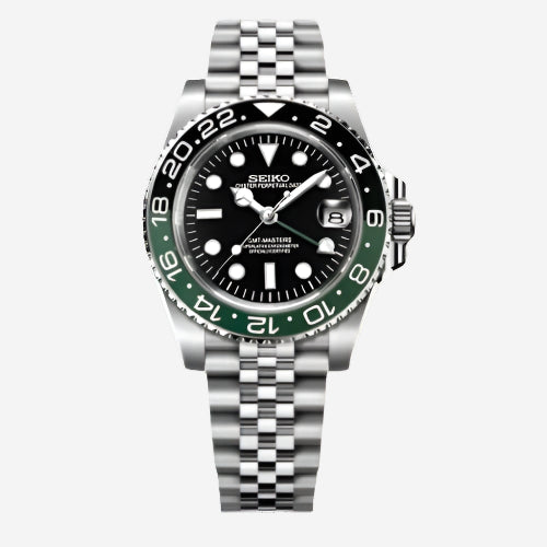 SEIKO MOD | SPRITE GMT LEFT| SILVER | BLACK DIAL