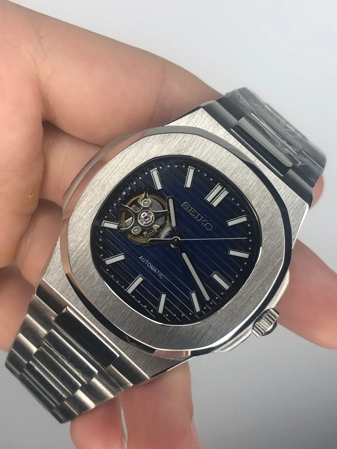 SEIKO MOD | NAUTILUS DATE | SILVER | DARK BLUE OPEN HEART INDEX DIAL