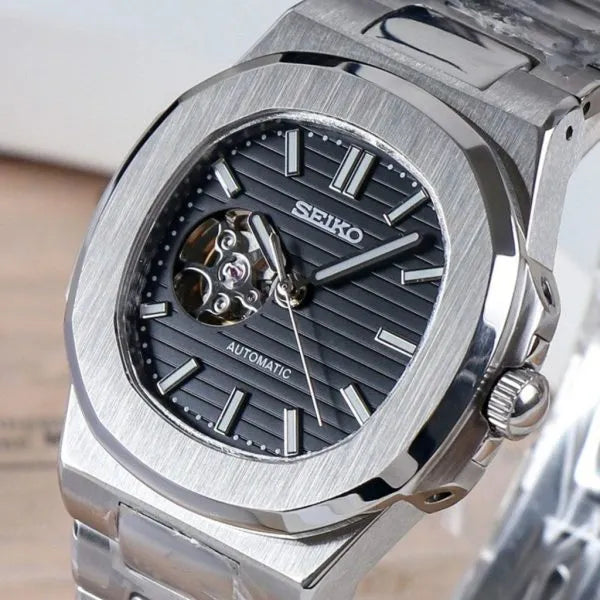 SEIKO MOD | NAUTILUS | SILVER | DEEP BLACK OPEN HEART INDEX DIAL