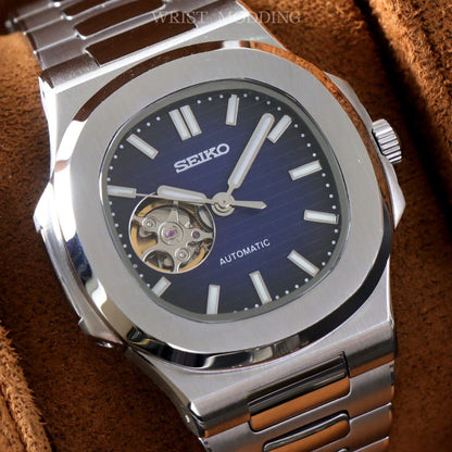 SEIKO MOD | NAUTILUS DATE | SILVER | DARK BLUE OPEN HEART INDEX DIAL