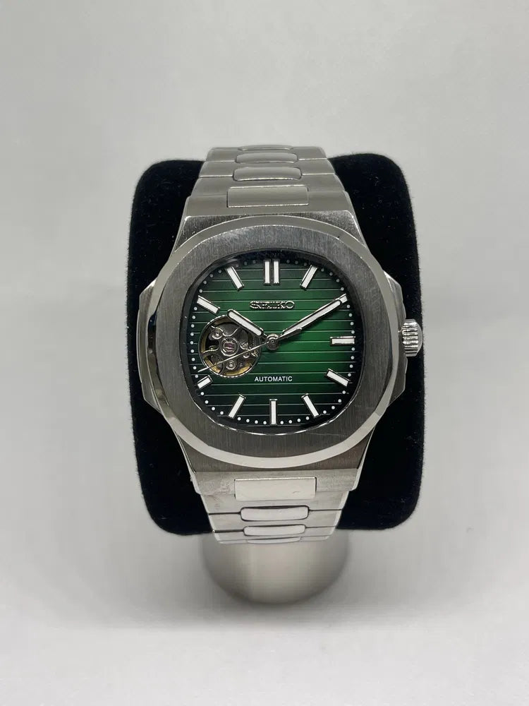 SEIKO MOD | NAUTILUS DATE | SILVER | OLIVE GREEN OPEN HEART DIAL