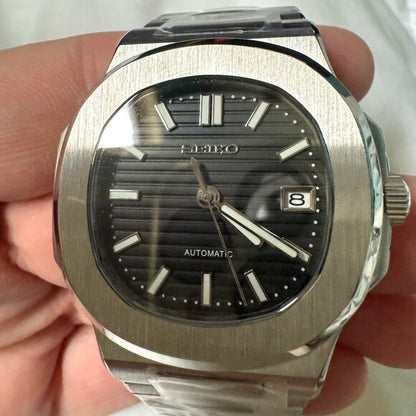 SEIKO MOD | NAUTILUS DATE | SILVER | BLACK INDEX DIAL