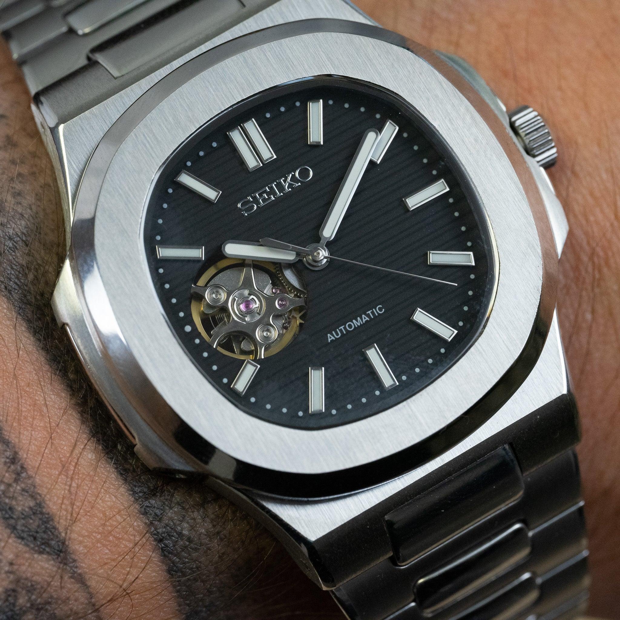 SEIKO MOD | NAUTILUS | SILVER | DEEP BLACK OPEN HEART INDEX DIAL