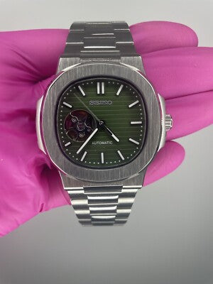 SEIKO MOD | NAUTILUS DATE | SILVER | OLIVE GREEN OPEN HEART DIAL