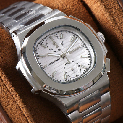 SEIKO MOD | NAUTILUS CHRONOGRAPH | SILVER | WHITE INDEX DIAL