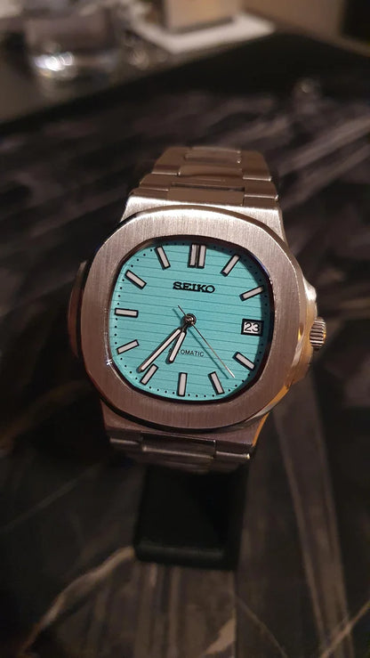 SEIKO MOD | NAUTILUS DATE | SILVER | TIFFANY BLUE INDEX DIAL