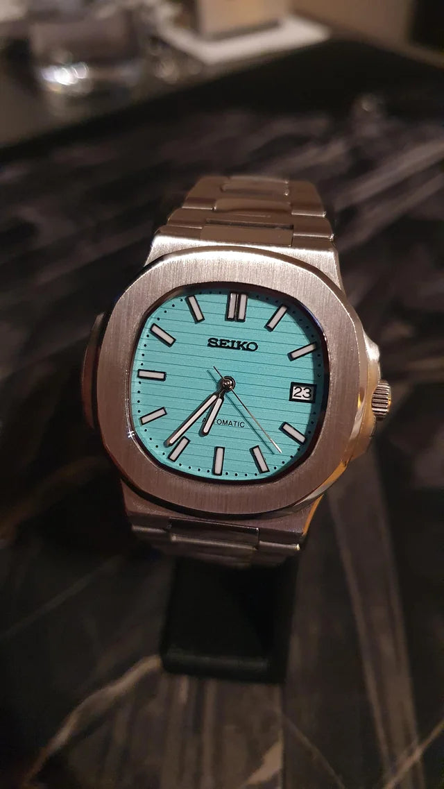 SEIKO MOD | NAUTILUS DATE | SILVER | TIFFANY BLUE INDEX DIAL