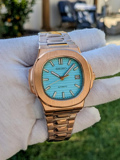 SEIKO MOD | NAUTILUS DATE| ROSE GOLD | TIFFNY BLUE INDEX DIAL