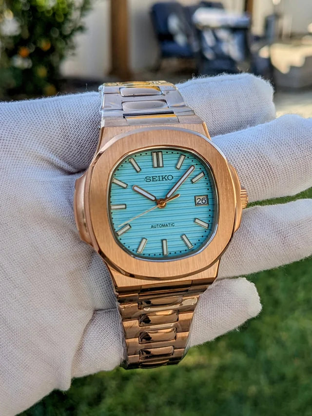 SEIKO MOD | NAUTILUS DATE| ROSE GOLD | TIFFNY BLUE INDEX DIAL