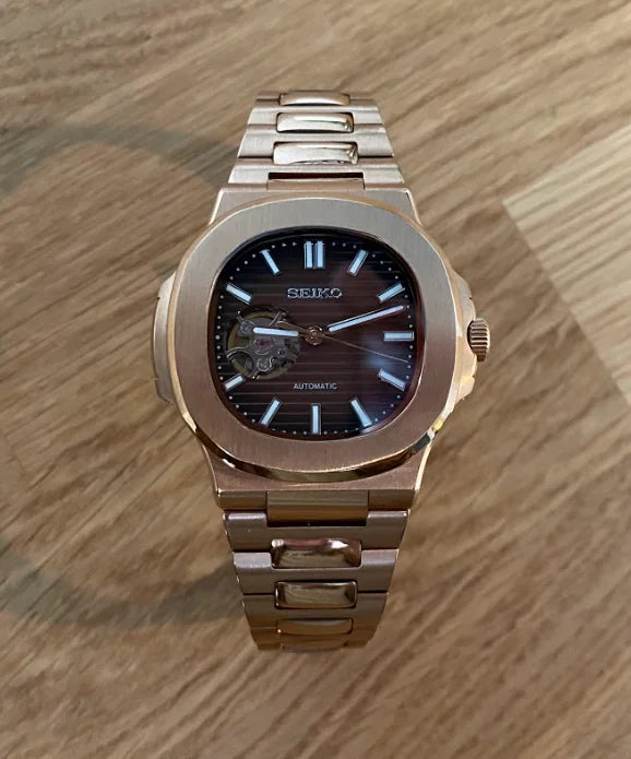 SEIKO MOD | NAUTILUS CHRONOGRAPH | ROSE GOLD | CHOCO BROWN OPEN HEART DIAL